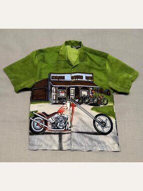 J/E/T Men’s Large Green Motorcycle Chopper Graphic Button Up Shirt